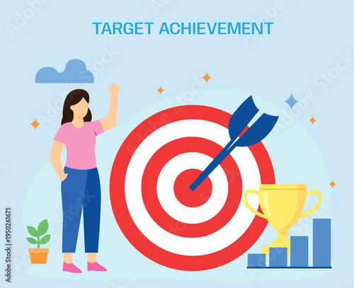 Successful business woman achieves her goal with a perfect hit on target with arrow