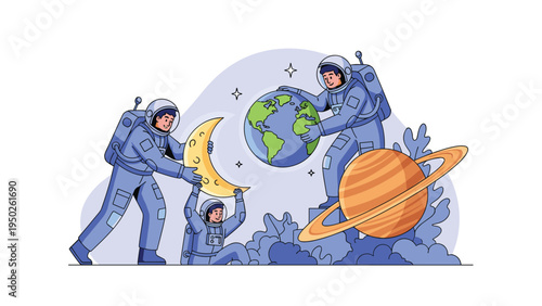 Group of astronauts working together to arrange planets like Earth and Saturn in a space themed flat illustration.