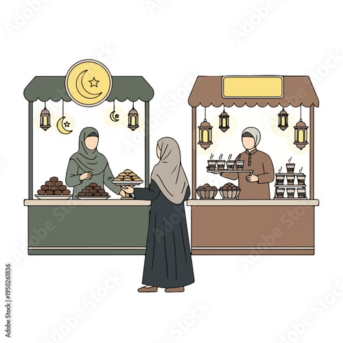 Ramadan market scene with food vendors and customer in traditional attire