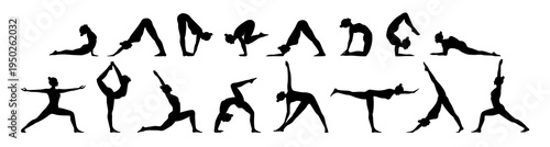 Set of yoga asana poses silhouette figure of slim woman. Vector illustration