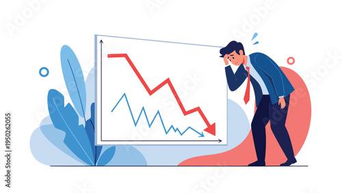 Businessman feeling stressed and depressed while looking at a business chart showing a significant downward trend.