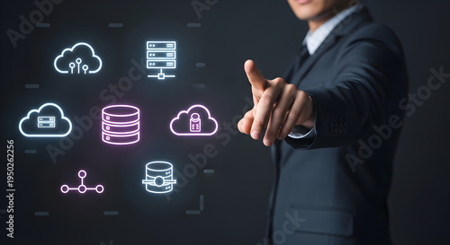 Man pointing at glowing digital network cloud data servers and storage icons