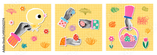 Easter vector greeting card set with hands holding painted eggs, basket, chicken, Halftone collage style background