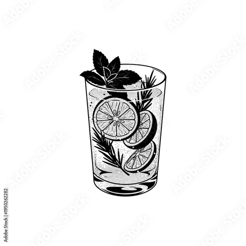 Fresh mojito cocktail glass with lime slices mint leaves and rosemary sprig icon