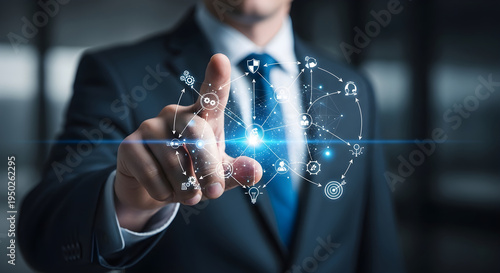 Man pointing finger at complex digital network map showing global communication connections