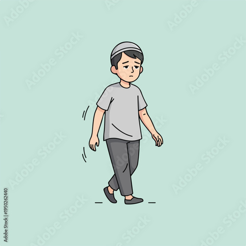 Cartoon boy walking alone on plain background in casual outfit