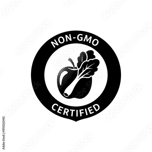 Circular non gmo certified badge with apple and vegetable silhouette design