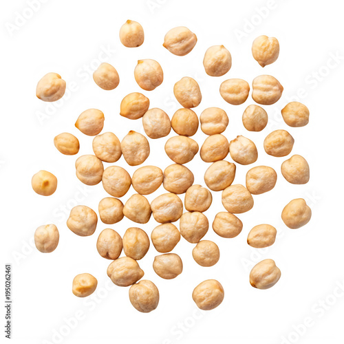 A collection of organic raw chickpeas scattered across the frame viewed from a top down perspective isolated on transparent background