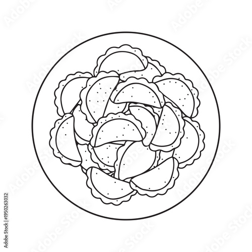 Plate of pierogi dumplings black and white outline vector illustration for coloring page
