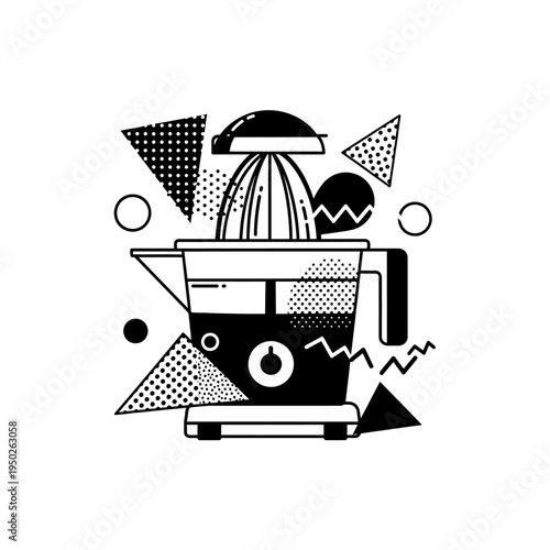 Geometric electric juicer in memphis style on white background with abstract shapes
