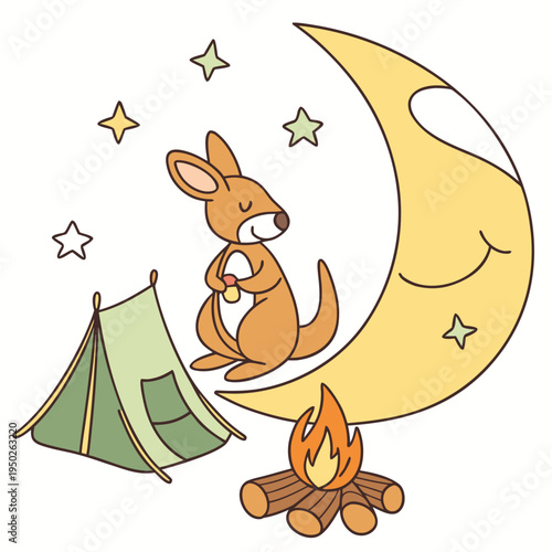 Creative SVG: Playful Kangaroo with sitting on a moon in a Campfire Glow colored Camping trip theme