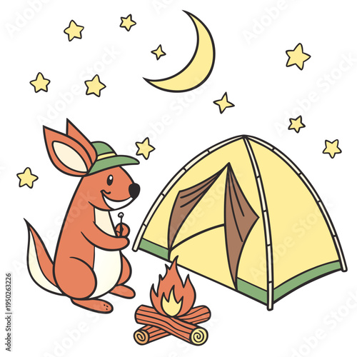 An adorable Kangaroo with a Mischievous vibe, under an umbrella, and a Campfire Glow Camping trip theme – SVG style