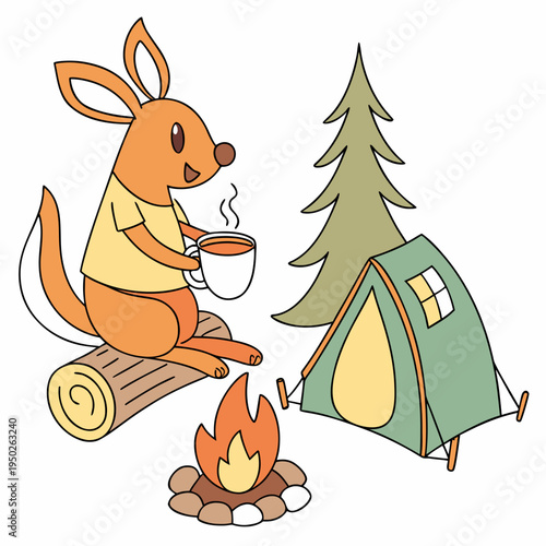 Cute SVG of a Cheerful Kangaroo in Campfire Glow colors, featuring in a teacup in a Camping trip setting