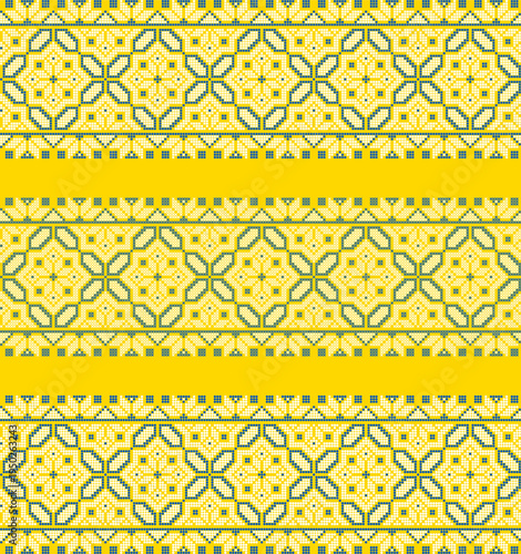 Vector set of traditional Ukrainian embroidery border ornaments inspired by vyshyvanka patterns. Ethnic textile design with geometric folk motifs in yellow and blue colors