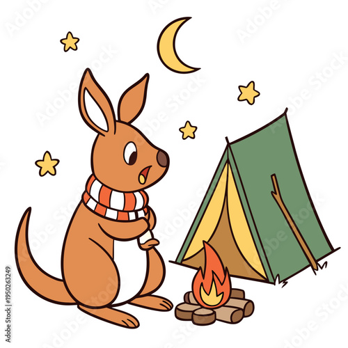 Playful Surprised Kangaroo design, styled with with a scarf and Campfire Glow shades in a Camping trip setting