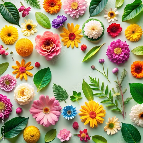 Creative layout made of flowers and leaves. Flat lay. Nature concept. Floral Greeting card. Colorful spring flower background, space for text. Nature Trendy Decorative Design.