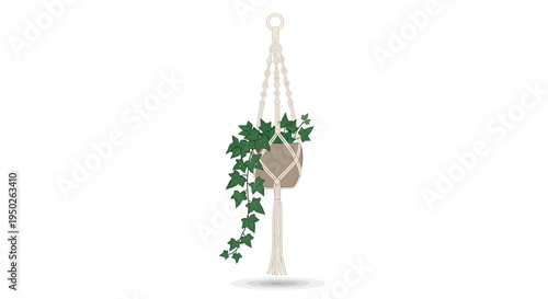Macrame plant hanger with green ivy plant in beige pot