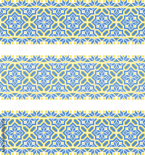 Vector set of traditional Ukrainian embroidery border ornaments inspired by vyshyvanka patterns. Ethnic textile design with geometric folk motifs in yellow and blue colors