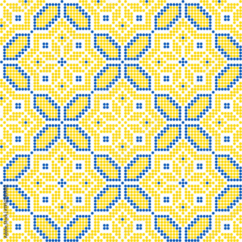 Seamless Ukrainian embroidery vector pattern inspired by traditional vyshyvanka ornament. Ethnic geometric folk design made in cross stitch style with yellow and blue stitches