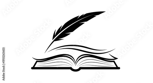 Elegant quill pen resting gracefully on an open book, symbolizing knowledge, wisdom, and literary pursuits on an isolated white background.
