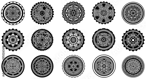 Collection of circular mandala-style gears with intricate patterns, symbolizing complex design and artistic mechanics on an isolated white background.