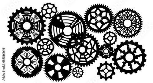 Assortment of black and white gears with intricate patterns, symbolizing mechanics, industry, and interconnected systems on an isolated white background.