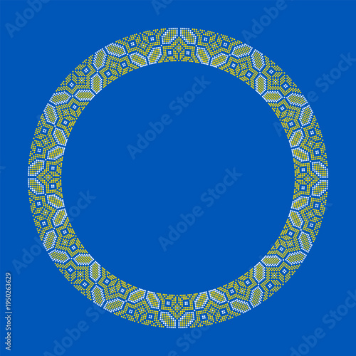 Ukrainian embroidery round frame vector ornament inspired by traditional vyshyvanka patterns. Decorative circular border with geometric folk motifs in yellow and blue colors made in cross stitch style