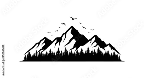 Silhouette of majestic mountains and pine trees with birds flying, symbolizing nature and wilderness on an isolated white background.