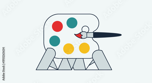 Adorable robot character holding an artist's palette and paintbrush, creating art in a bright studio background.