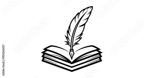 Classic quill pen resting on an open book symbolizing writing, education, and literature on an isolated white background.