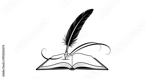 Elegant open book with a classic quill pen, isolated white background, representing knowledge, storytelling, and creativity.