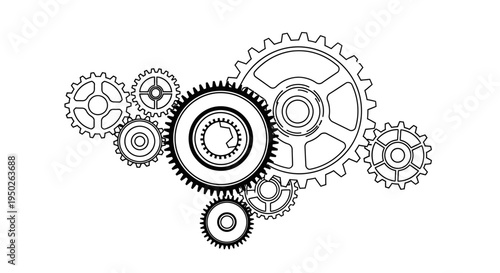 Interlocking mechanical gears and cogs working together, isolated white background, symbolizing connection and technological progress.