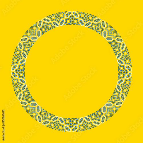 Ukrainian embroidery round frame vector ornament inspired by traditional vyshyvanka patterns. Decorative circular border with geometric folk motifs in yellow and blue colors made in cross stitch style