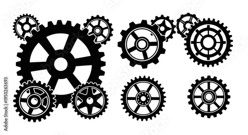 Mechanical gears and cogs arrangement, isolated white background, illustrating teamwork and industry.