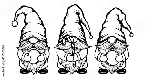 Three garden gnomes with pointy hats and long beards, line art characters, isolated white background.