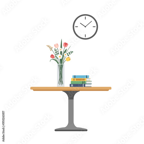 Table with flowers and books, clock on wall