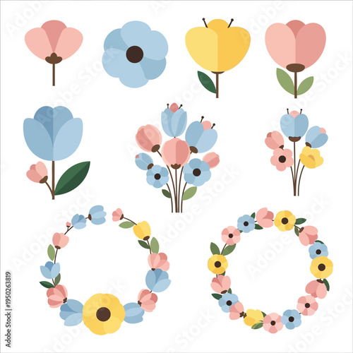 Spring Floral Wreath and Flower Arrangements, Pastel Colors, Vector Illustration