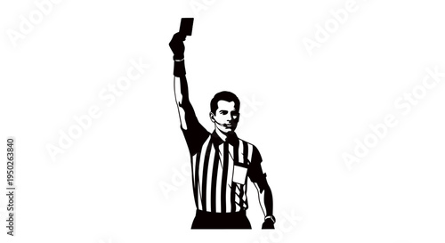 Soccer referee character showing a red card, line drawing illustration, isolated white background.