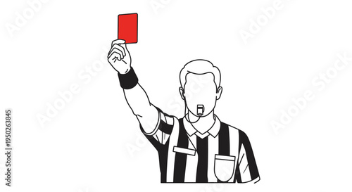 Soccer referee showing a red card, line art illustration, isolated white background.
