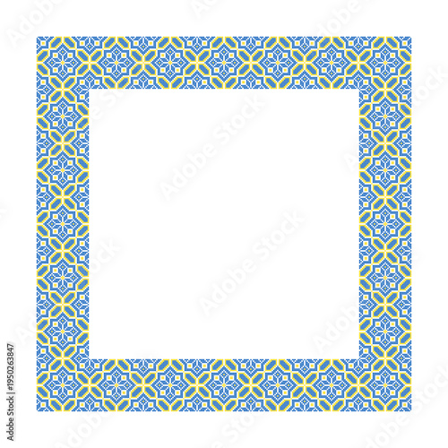 Vector illustration of a Ukrainian embroidery square frame inspired by traditional vyshyvanka ornament. Decorative geometric border in blue and yellow colors created in cross stitch style