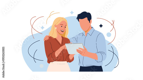 Happy couple looking at a digital tablet together with swirling decorative lines and stars in the background.