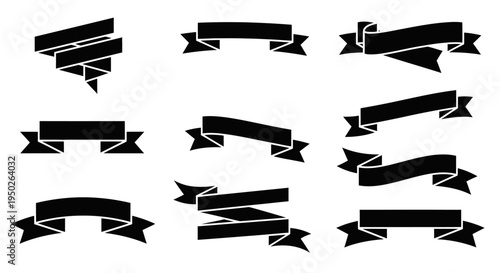 Collection of various black ribbon banners and scrolls, empty for text, offering versatile design elements on a white background.