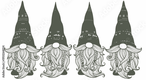 Adorable trio of festive Christmas gnomes in a row with long beards and pointy hats on an isolated white background, perfect for holiday designs.