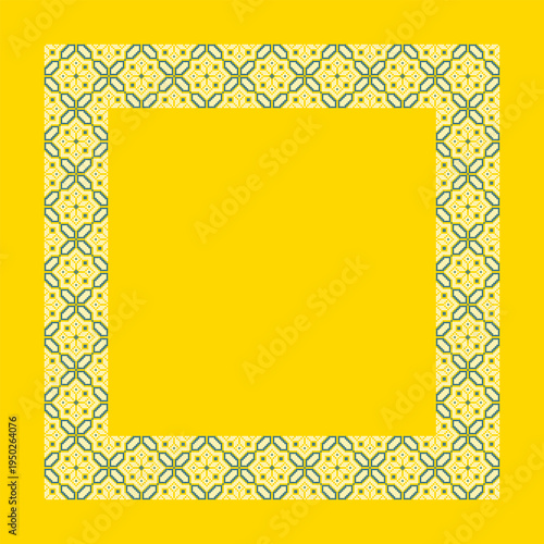 Vector illustration of a Ukrainian embroidery square frame inspired by traditional vyshyvanka ornament. Decorative geometric border in blue and yellow colors created in cross stitch style