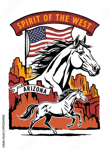 Spirit of the West Arizona artwork for t shirt. Wild horse and canyon design. American flag graphic. Western outdoor adventure. Vintage apparel.
