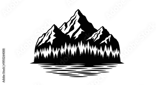 Scenic Mountain Range with Pine Trees and Water Reflection on Isolated White Background