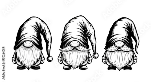 Three Adorable Christmas Gnomes with Pointy Hats and Long Beards on Isolated White Background