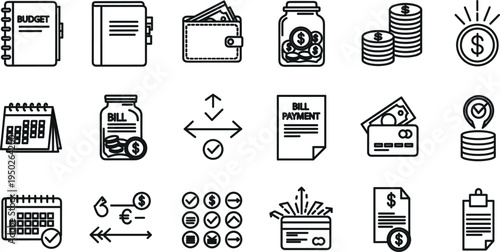 Personal Finance and Budget Management Line Icon Set with Money Payment Symbols