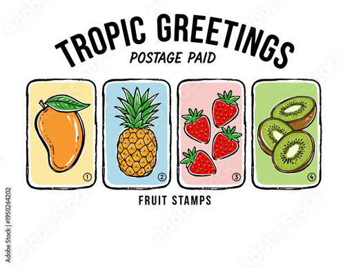 Tropic greetings fruit stamps. Mango pineapple strawberry kiwi artwork for t shirt. Summer paradise graphic design. Fresh fruit set. Vintage poster.