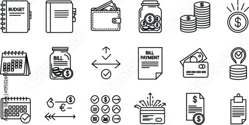 Budget Planning and Personal Finance Line Icon Set with Money Payment Symbols